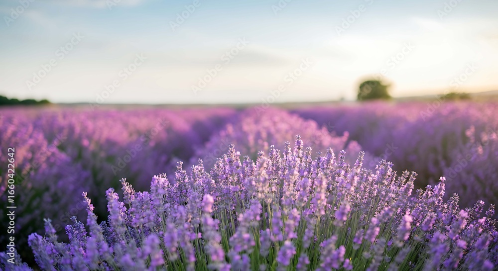 Naklejka premium Lavender Field in Full Bloom at Sunset Aromatic Purple Flowers Stretching to the Horizon Captivating Natural Beauty Serene Landscape