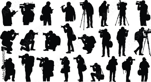 Photographer silhouette, videographer silhouette, camera operator, tripod setup, photo shoot, video recording, media production, capturing moments, professional photography poses