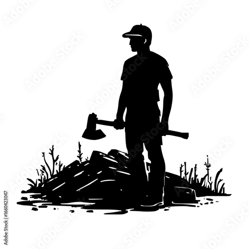 Refined Line-Art Silhouette Woodcutter Icon with Bold Axe and Digital Modern Simplicity