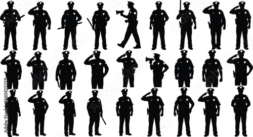 Police officer silhouette, law enforcement, security patrol, police duties, public safety, crime prevention, officer salute, baton, megaphone, police poses collection