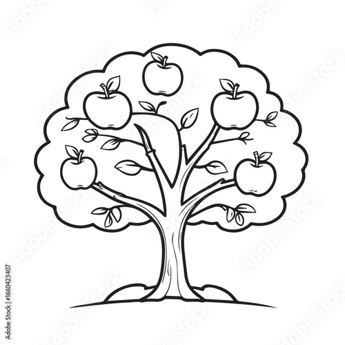 Vector art of a simple black and white line drawing of a mature apple tree laden with ripe apples, showcasing its sturdy trunk, branches, and leaves, isolated on a
