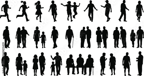 Silhouettes of adults and children walking, running, standing, talking, interacting in groups, everyday life scenes, human activities, social interaction, lifestyle