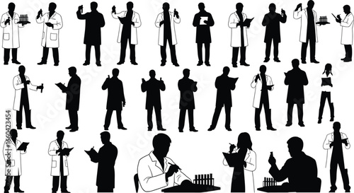 Scientist silhouette, laboratory worker, research staff, chemical experiment, lab coat, test tube, clipboard notes, scientific study, science lab, research activity illustration
