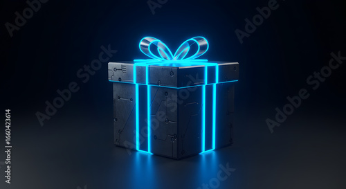 Futuristic gift box with glowing neon blue accents radiates excitement, wonder, and anticipation
