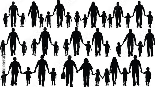 Silhouettes of adults holding hands with children, family bond, parenting, walking together, love, care, connection, lifestyle, everyday moments