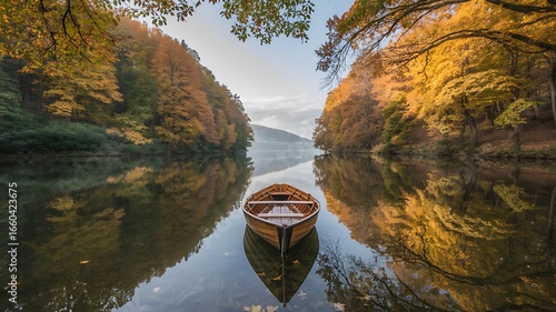 Wallpaper Mural Serene Autumn Lake with Wooden Boat and Reflections in Calm Water Featuring Colorful Fall Foliage on Trees and Peaceful Nature Scenery Torontodigital.ca