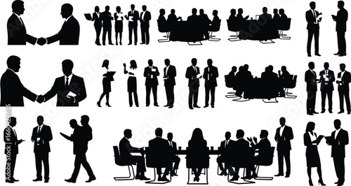 Silhouettes of business people in meetings, shaking hands, discussing documents, teamwork, professional collaboration, corporate lifestyle, office interaction scenes