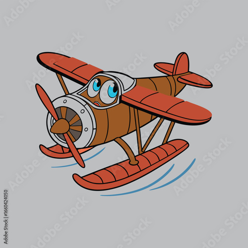 Cute cartoon seaplane with big blue eyes and propeller taking off on water vector