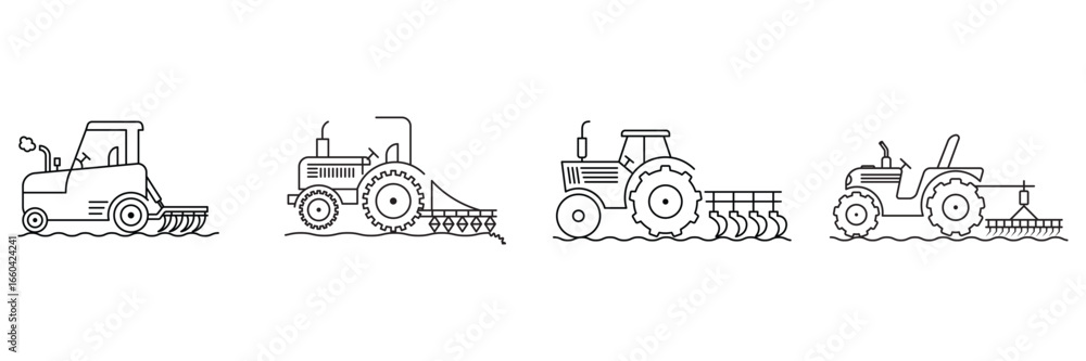 Fototapeta premium Tractor, agriculture, farming, field, harrow, plow, soil, machinery, cultivation icon vector illustration