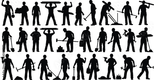 Silhouettes of construction workers performing various tasks, industrial labor, building site teamwork, tools, heavy lifting, digging, drilling, carrying materials, safety gear