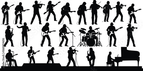 Silhouettes of musicians playing instruments, electric guitar, violin, saxophone, trumpet, drums, piano, band performance, orchestra, music concert scene