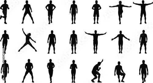 Silhouettes of people in dynamic poses, running, jumping, stretching, standing, active movements, human motion, fitness, exercise, body gestures
