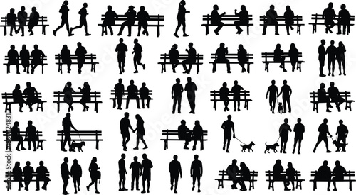 Silhouettes of people in park scenes, sitting on benches, walking, talking, dog walking, social interactions, outdoor lifestyle, leisure activities