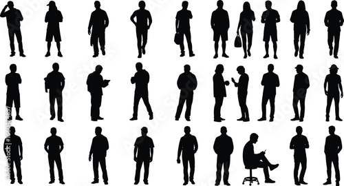 Silhouettes of people in various everyday activities, standing, walking, talking, phone use, sitting, diverse human poses, lifestyle and interaction