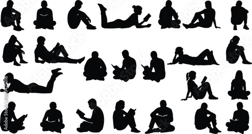 Silhouettes of people reading books in various poses, sitting, lying, relaxing, leisure activity, literature, study, learning lifestyle