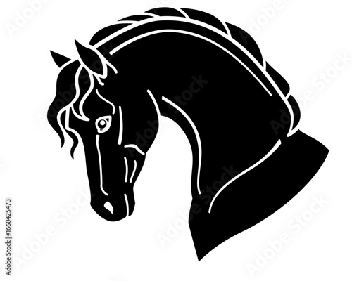 Horse head, animal portrait, symbol of 2026 - vector silhouette image for a stencil, logo, or pictogram. Portrait of a thoroughbred mare for a laser cutting stencil.
