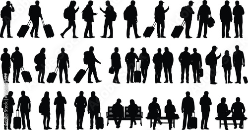 Silhouettes of travelers with luggage, backpacks, bags, walking, standing, sitting, travel lifestyle, journey scenes, vacation, transportation, public space