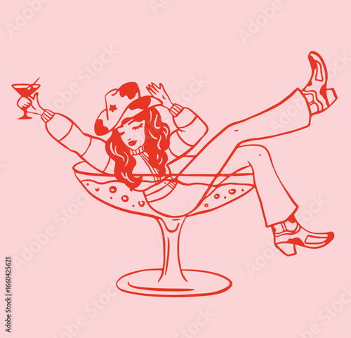 Cowgirl in Martini Glass Illustration.