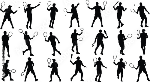 Tennis player silhouette, racket sport, serve pose, backhand swing, forehand hit, match play, court action, athletic movement, sports training, game technique