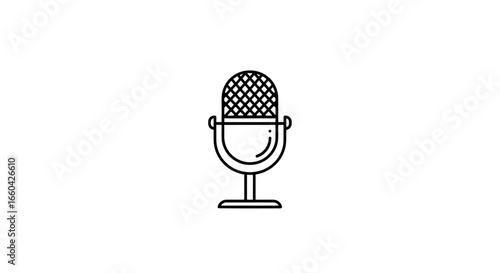 Minimalist Black Line Art Icon of a Vintage Studio Microphone on a Stand.