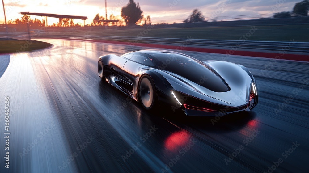 Fototapeta premium Futuristic sports car racing on wet racetrack at sunset