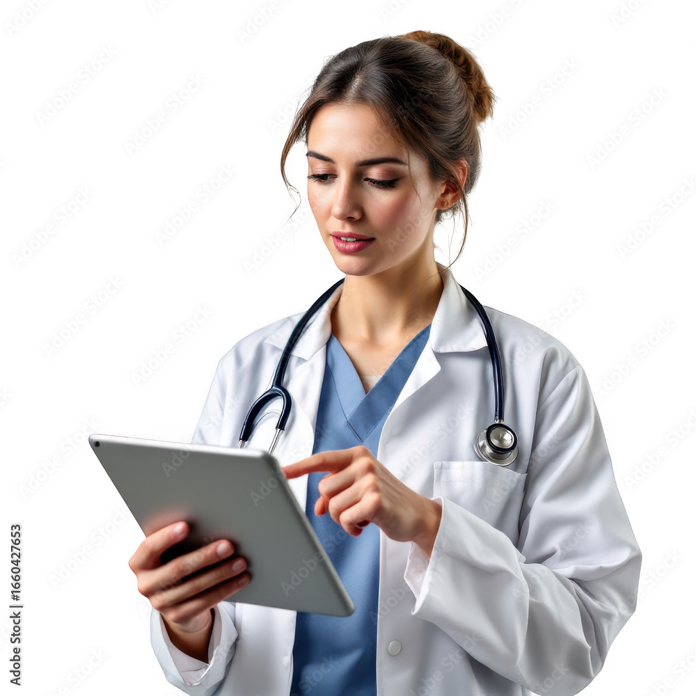 Focused female medical professional wearing a white lab coat and stethoscope examining a digital tablet isolated on transparent background Focused female medical professional wearing a white lab coat and stethoscope examining a digital tablet isolated on transparent background