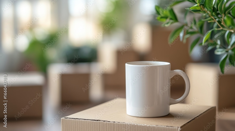 Obraz premium Coffee mug placed on a cardboard box in a bright and cozy interior with houseplants and packed items