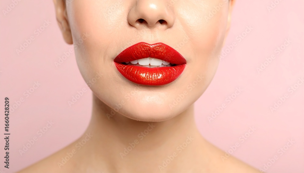 Obraz premium Close-up view of a woman's face featuring vibrant red lipstick, highlighting the smooth texture and captivating allure of full lips.