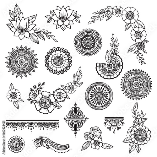 A collection of detailed, black and white henna-inspired floral and circular designs, featuring various flower arrangements, mandala patterns, and decorative elements.