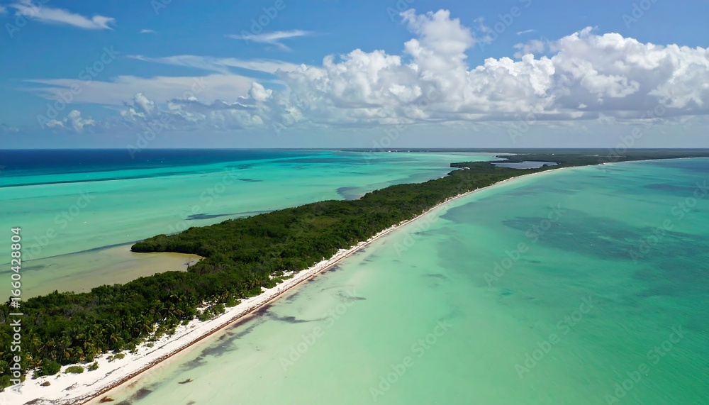 Fototapeta premium Pristine, turquoise waters embrace a tropical shoreline, dotted with lush green vegetation, showcasing a stunning coastal paradise from an aerial perspective.