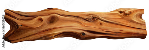 Curved piece of natural wood with intricate grain and knots, isolated on transparent background.