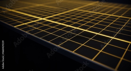 Conceptual close-up of a photovoltaic panel with a glowing golden grid on a black background. The light visualizes the flow of clean electricity and sustainable energy innovation.