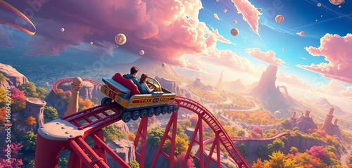 Anime-style roller coaster soaring through vibrant fantasy landscape,  fantasy,   bright