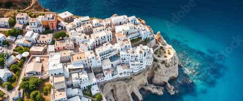 Aerial view of Polignano a Mare, Puglia, Italy  Whitewashed houses cling to dramatic cliffs overlooking turquoise sea,  destination,  cliffside town