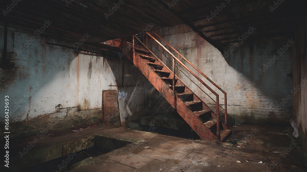 Fototapeta premium Awesome photo of abandoned basement with rusty staircase.