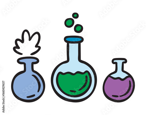 Three chemistry flasks with liquids, laboratory set, colorful school doodle, hand drawn