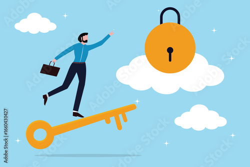 Businessman leader ride gold key to success. Businessman running to success. Key success to unlock true potential to win business or career improvement, luck, bright future, new opportunity, business.