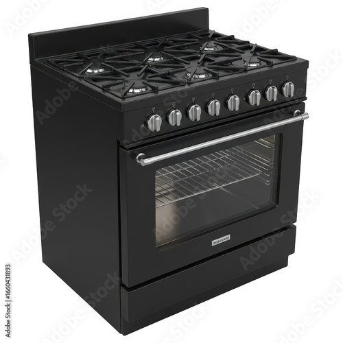 Modern black gas range with oven and six burners on a black background