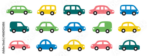 colorful cars set. Cute icons collection hand drawn doodle style for design of children kids room, clothes, fabric