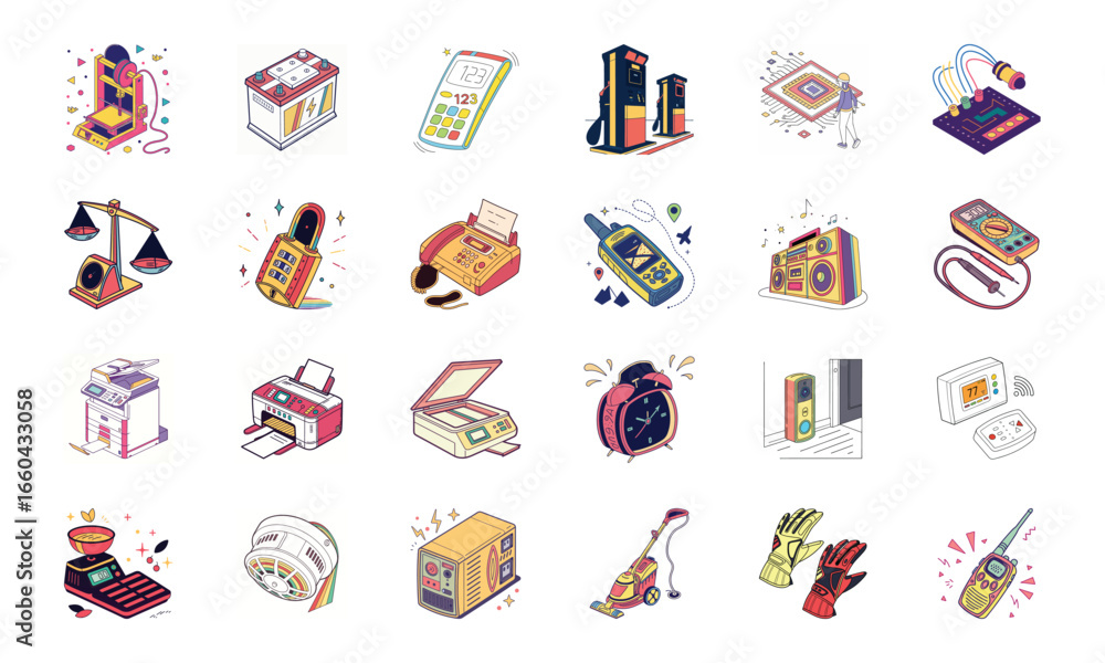 Fototapeta premium Colorful Vector Illustration Set of Modern and Retro Technology Gadgets – 3D Printer, Battery, Calculator, Gas Station, Microchip, Gaming Console, Weighing Scale, Rotary Phone, Fax Machine, Handheld G