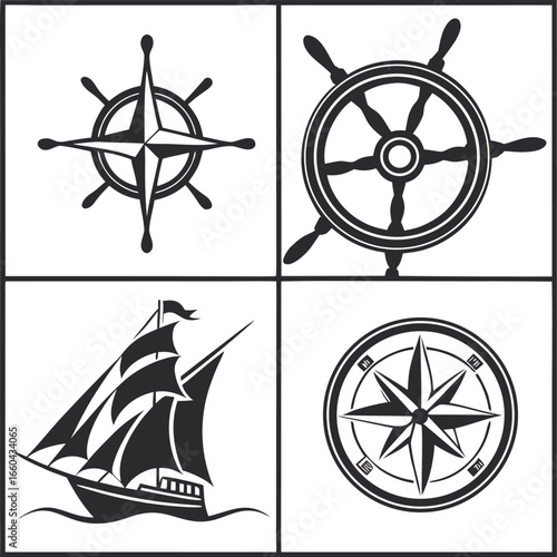 Vector art of nautical themed design featuring a compass, ship wheel, and sailing vessel