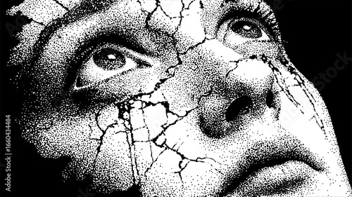 Cracked face in pointillism style with stipple texture and abstract pattern. Monochrome portrait vector illustration with strong contrast and detailed lines.