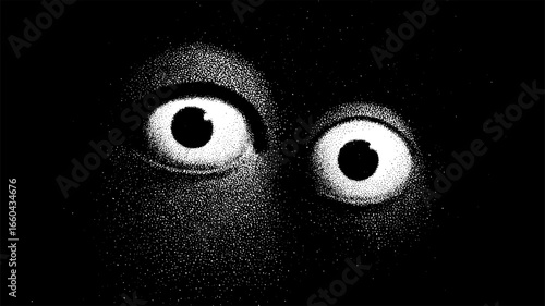 Eyes in darkness created with stipple dotwork. Monochrome vector illustration with high contrast and a surreal graphic style.