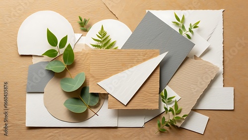 Flat lay of textured paper shapes and green eucalyptus leaves on a kraft paper background craft