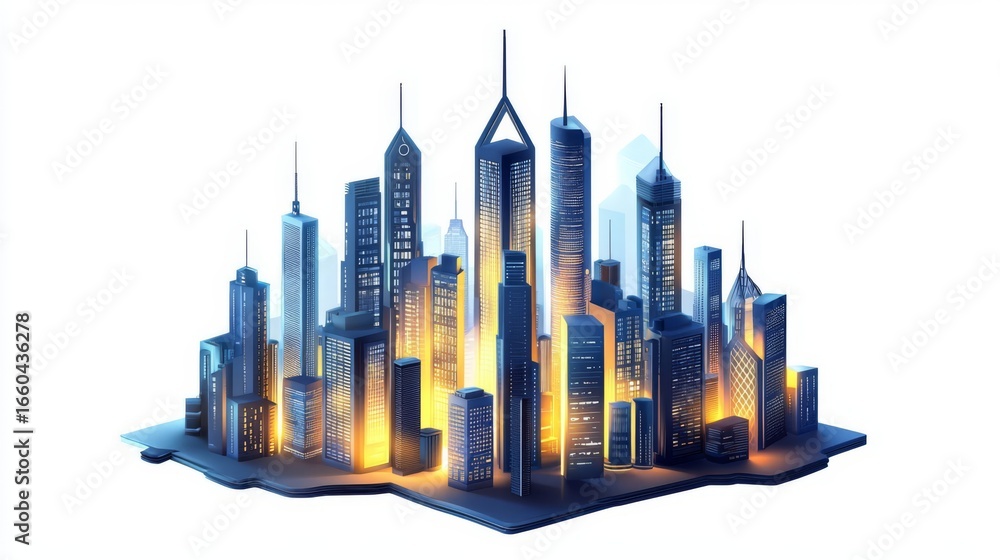 Naklejka premium A stunning digital illustration of a modern skyline at dusk, featuring glowing skyscrapers and dynamic architecture.