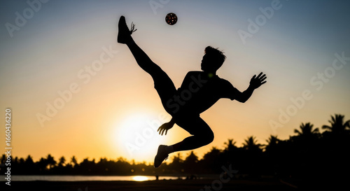 Silhouette of sepak takraw player kicking ball at sunset, a dynamic and captivating scene of