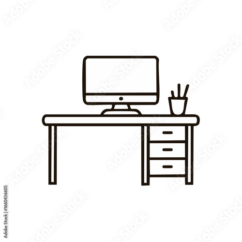 An office desk with a computer monitor and stationery holder, ready for work. The minimalist design gives a modern look