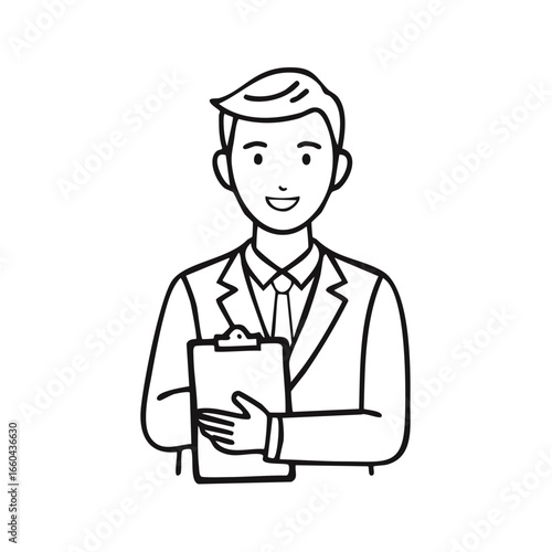 A professional gentleman holding a clipboard, exuding competence and approachability. The image is clean and minimalist, perfect for various business applications.