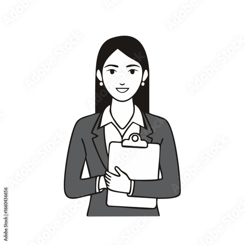 A professional woman holding a clipboard, radiating confidence and competence. She exudes a sense of readiness and efficiency, dressed in a formal suit