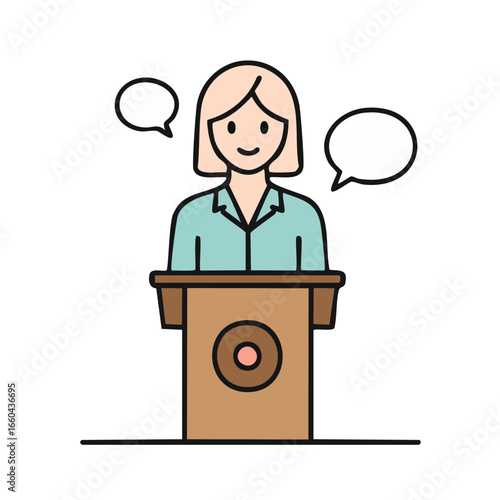 A vector illustration of a smiling woman standing at a podium with speech bubbles above her head, delivering a speech